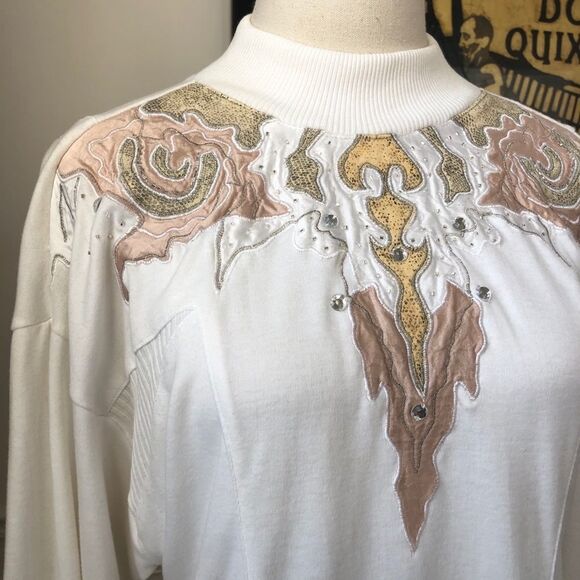 Vintage 80s 90s Mock Neck Appliqué Bling Top L - Picture 3 of 11